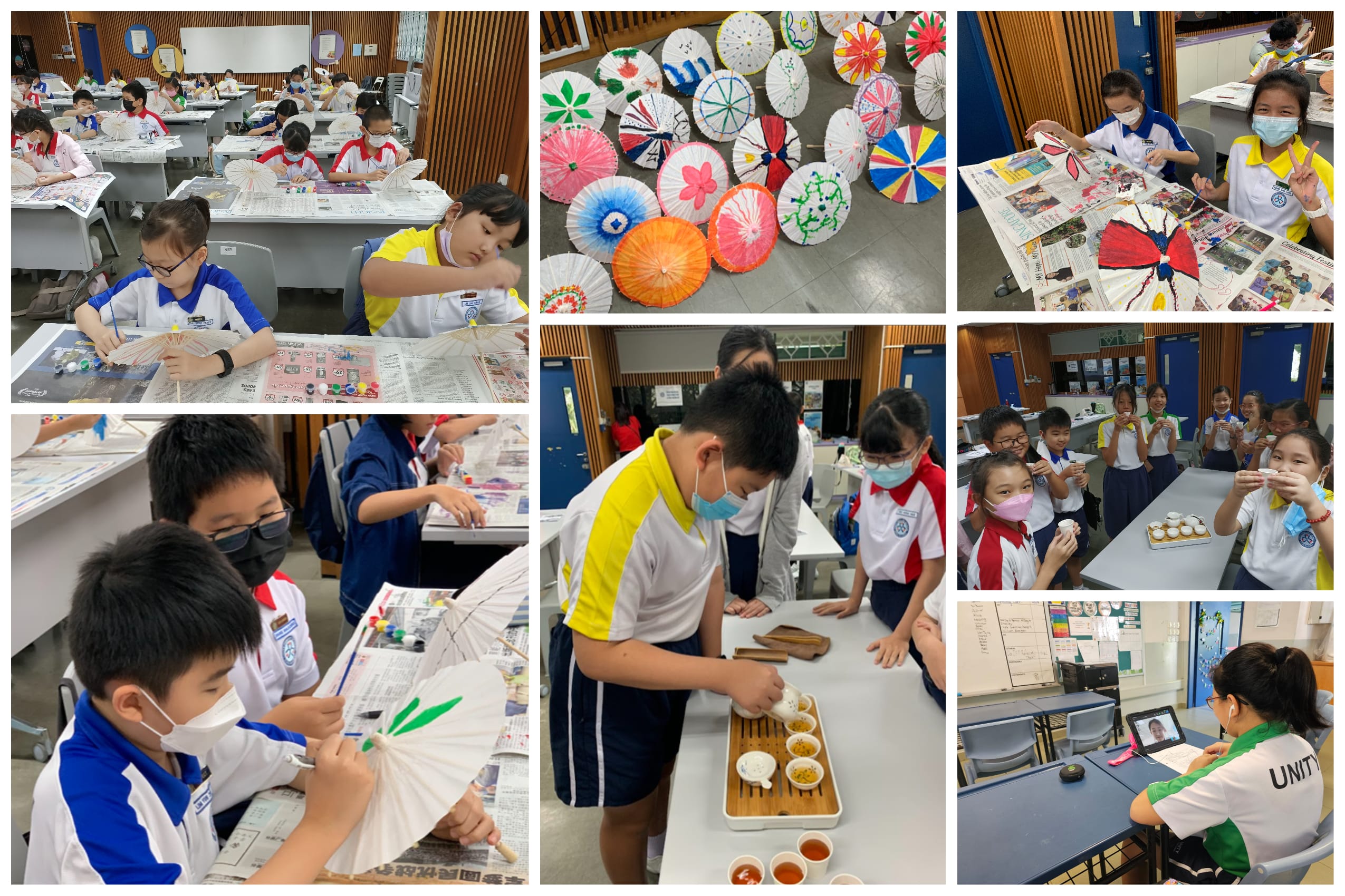 Collage of students painting paper parasols, displaying colorful designs, and tasting food in a classroom.